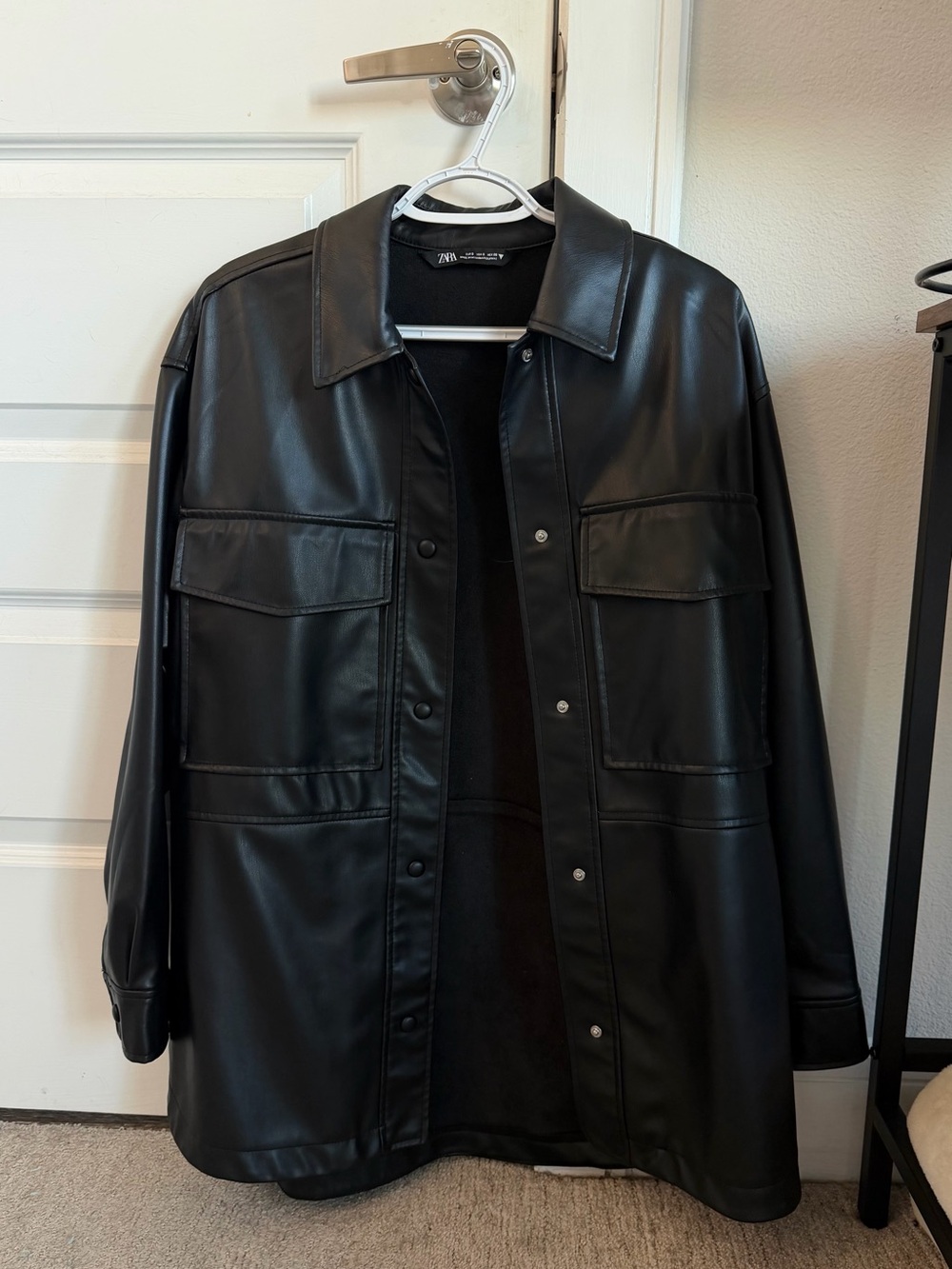 Zara Black Faux Leather Shirt Jacket